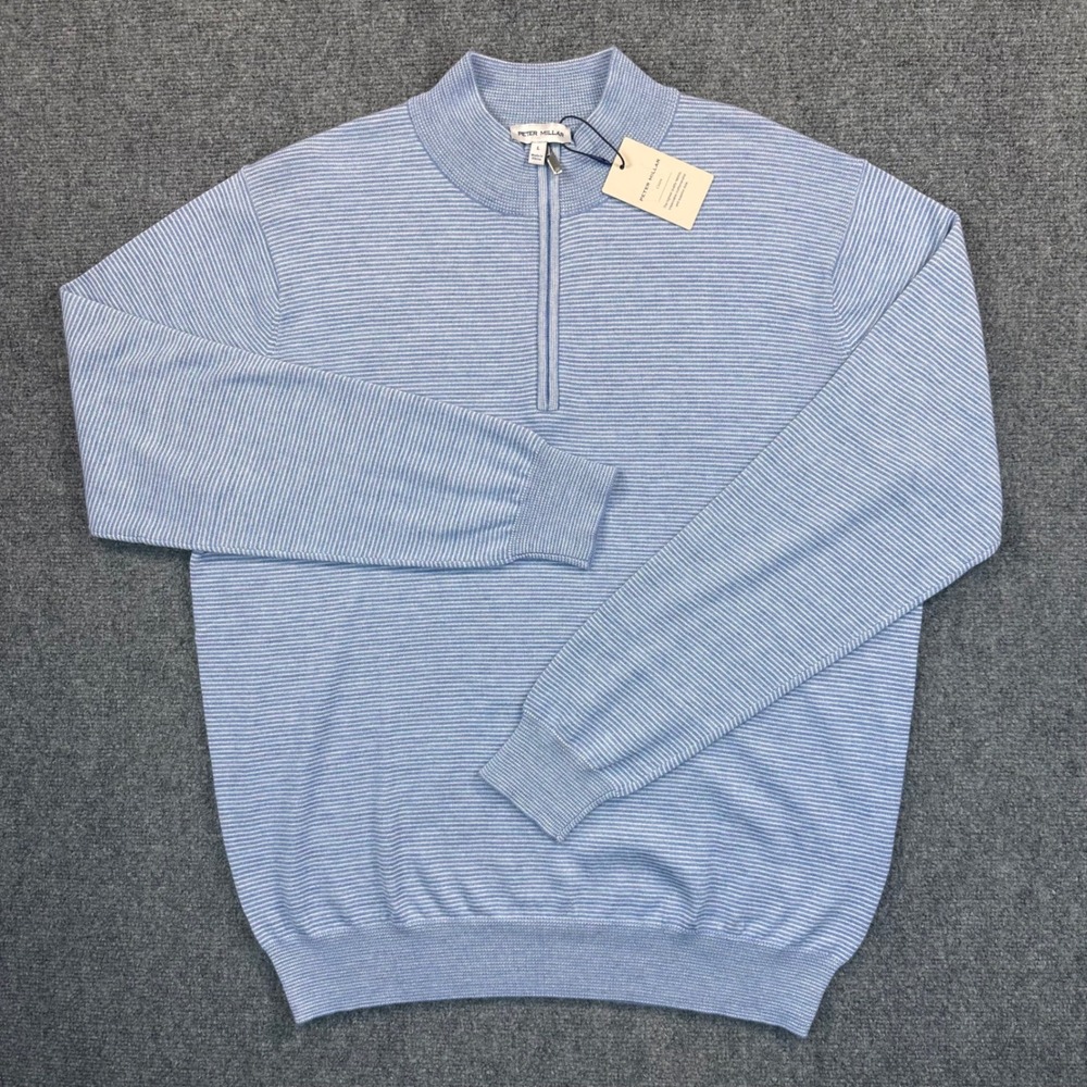 Peter Millar Crown Men's L Blue Canton Stripe 1/4 Zip Pullover Merino Wool Blend - Picture 2 of 14